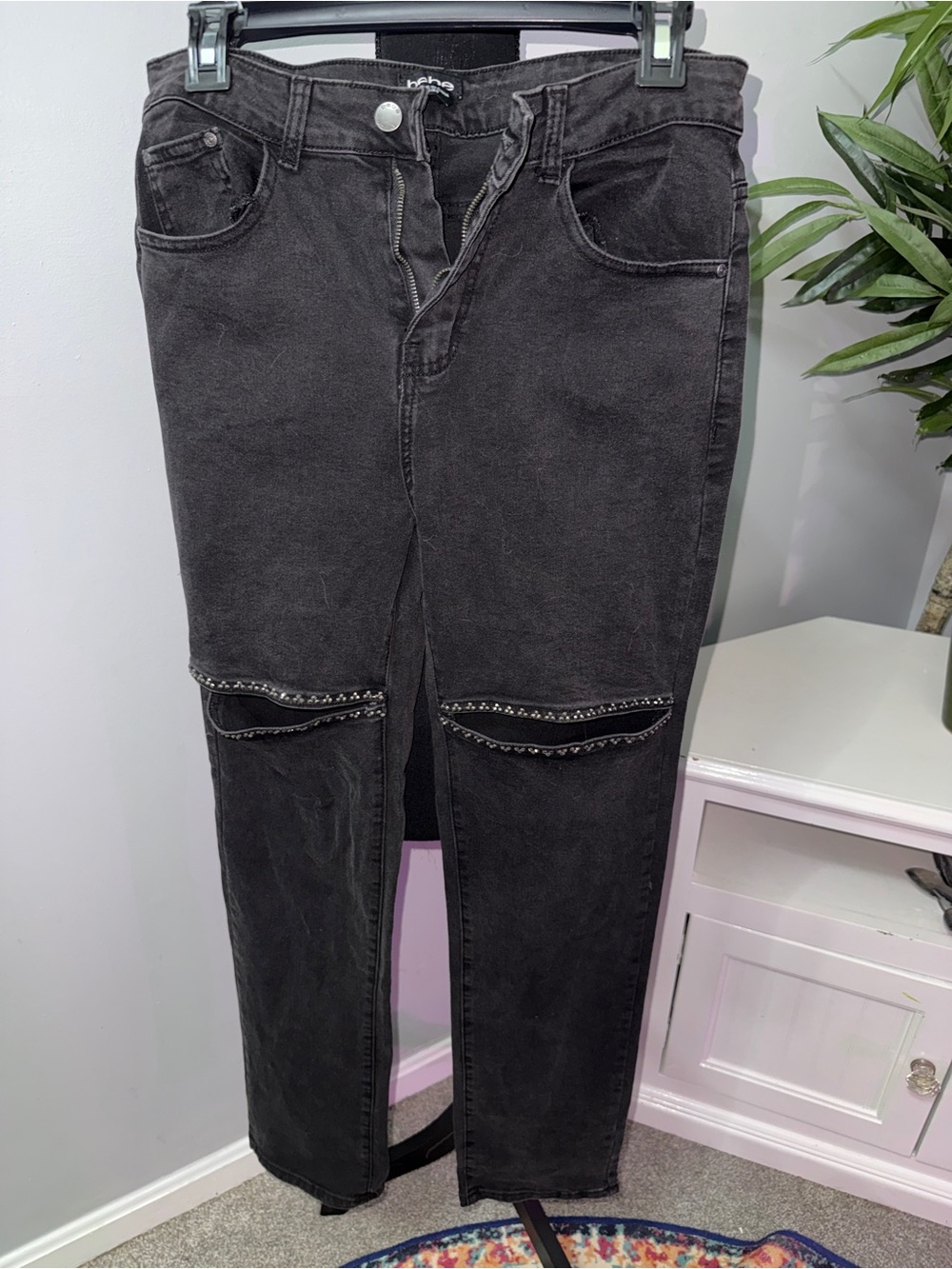 bebe Black Slim Straight Jeans with Studded Knee Detail
